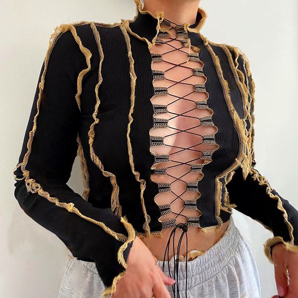 striped bandage womens designer t-shirts spring long sleeve slim women casual hollow out tees, White
striped bandage womens designer t-shirts spring long sleeve slim women casual hollow out tees, White