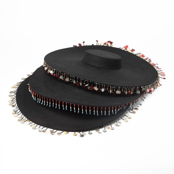 stingy brim hats fashion retro shallow flat hat chain shell beads tassels decorative woolen big fedoras, Blue;gray
stingy brim hats fashion retro shallow flat hat chain shell beads tassels decorative woolen big fedoras, Blue;gray