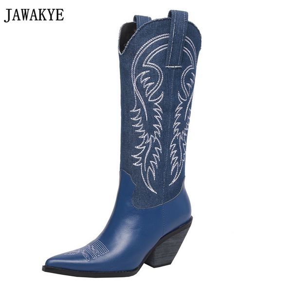 boots jawakye design genuine leather denim knight knee high for women embroidery pointed toe 9.5 cm square heel motorcycle, Black
boots jawakye design genuine leather denim knight knee high for women embroidery pointed toe 9.5 cm square heel motorcycle, Black
