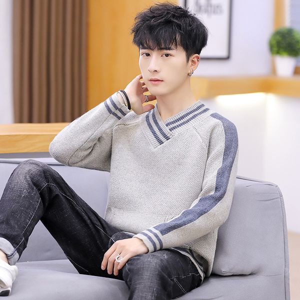 2020 men's autumn v-neck cool striped contrasting color bottoming sweater teenagers wear casual knitwear, White;black
2020 men's autumn v-neck cool striped contrasting color bottoming sweater teenagers wear casual knitwear, White;black