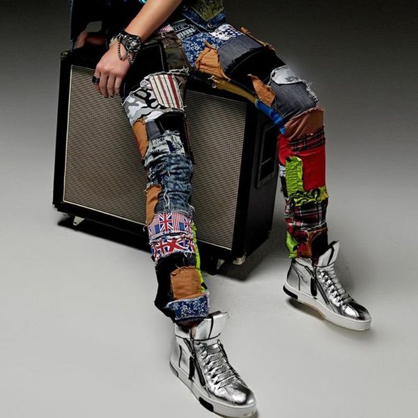 men's pants fashion casual hole patch jeans male beggar men singer stage trousers costume nightclubs costumes, Black
men's pants fashion casual hole patch jeans male beggar men singer stage trousers costume nightclubs costumes, Black