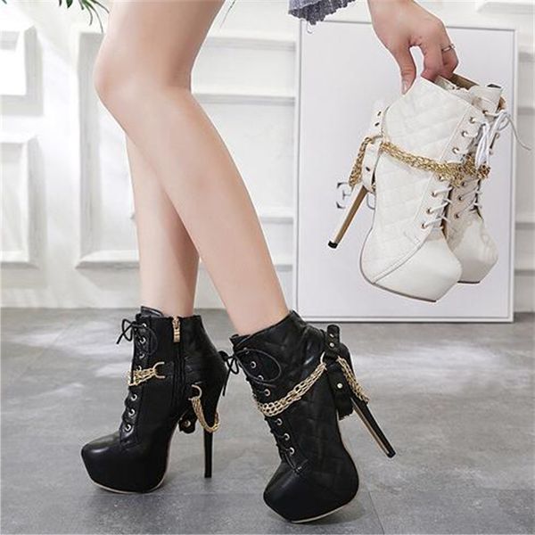 spring woman stilettos round head metal chain platform boots women shoes with thin heel 14cm ankle boots women's high heel, Black
spring woman stilettos round head metal chain platform boots women shoes with thin heel 14cm ankle boots women's high heel, Black