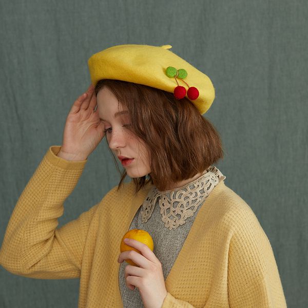 berets baize lovely cherry beret qiu dong female wool cap painter, Blue;gray