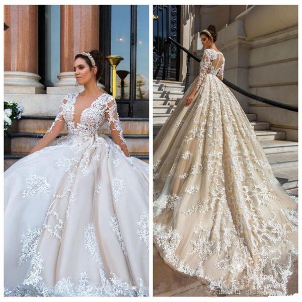 long sleeves lace a-line wedding dresses bridal gowns with beading sequins lace appliques chapel train garden vestidos de novia aq151, White
long sleeves lace a-line wedding dresses bridal gowns with beading sequins lace appliques chapel train garden vestidos de novia aq151, White