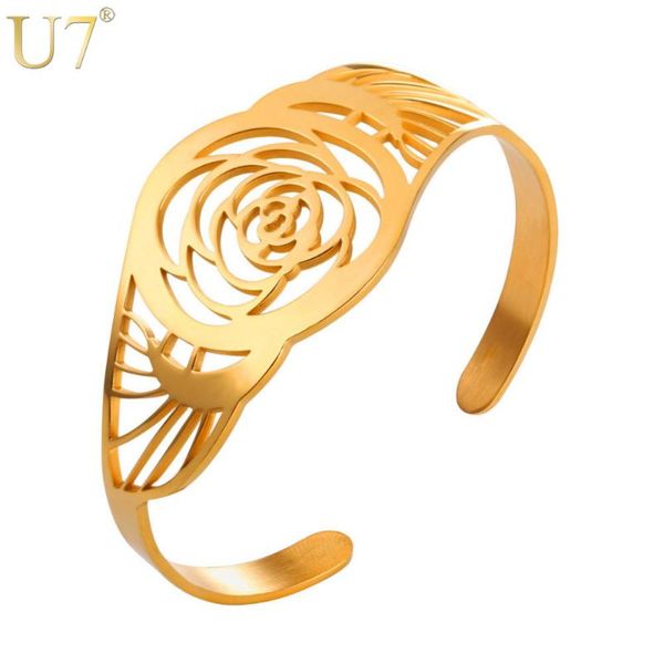 u7 stainless steel gold color big hollow rose flower women jewelry vintage bangle bracelets wholesale h1025, Black
u7 stainless steel gold color big hollow rose flower women jewelry vintage bangle bracelets wholesale h1025, Black