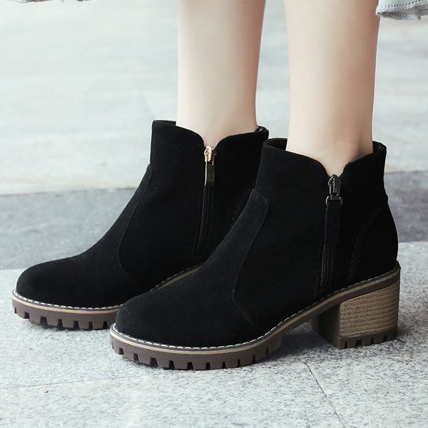 women warm ankle boots plush lining warm high chunky heels flock upper inside zipper non-slip riding sandy booties plus size, Black
women warm ankle boots plush lining warm high chunky heels flock upper inside zipper non-slip riding sandy booties plus size, Black