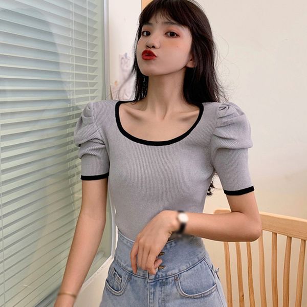 women's square collar bubble sleeve summer solid color basic knitted short-sleeved tshirt woman df#, White
women's square collar bubble sleeve summer solid color basic knitted short-sleeved tshirt woman df#, White