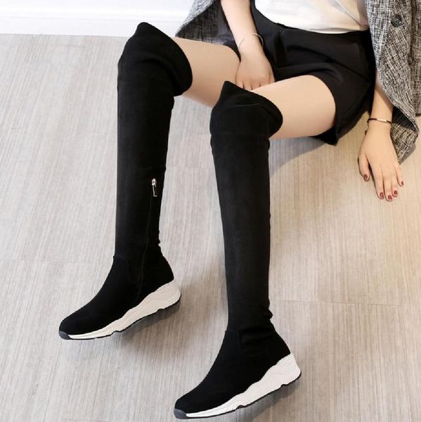 thigh high platform pumps shoes women genuine leather over the knee high boots female stretchy wedges heel fashion sneakers, Black
thigh high platform pumps shoes women genuine leather over the knee high boots female stretchy wedges heel fashion sneakers, Black
