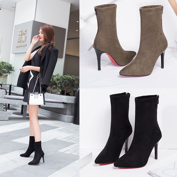 women's shoes pointed toe mid-tube boots women's high-heeled nude boots 2020 new suede all-match thin short-tube elastic, Black
women's shoes pointed toe mid-tube boots women's high-heeled nude boots 2020 new suede all-match thin short-tube elastic, Black
