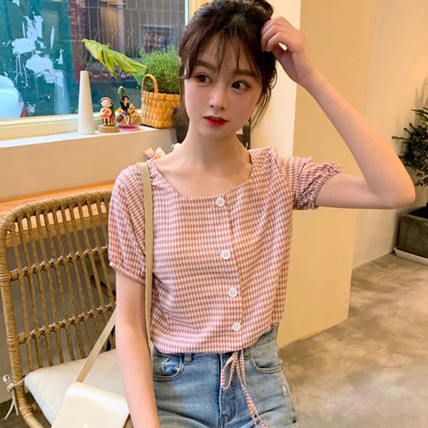 women's blouses & shirts women summer blouse casual short sleeve fashion plaid square collar, White 
women's blouses & shirts women summer blouse casual short sleeve fashion plaid square collar, White