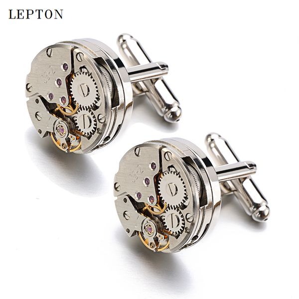 

men business watch movement cufflinks of immovable lepton steampunk gear watch mechanism cuff links for mens relojes gemelos, Silver;golden