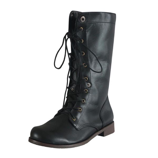 boots sagace men's women's flat rounded low-heeled lace-up shoes western middle tube retro knight 2021, Black