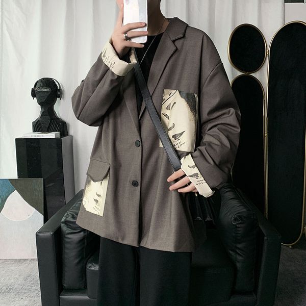 men's suits & blazers 2021 spring and autumn youth korean version of loose color matching printed slit suit fashion casual top, White;black
men's suits & blazers 2021 spring and autumn youth korean version of loose color matching printed slit suit fashion casual top, White;black