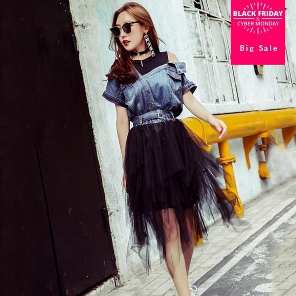 casual dresses 2021 summer denim patchwork dress female mesh hem splice short sleeve hit color off shoulder sashes fashion high waist dressl, Black;gray
casual dresses 2021 summer denim patchwork dress female mesh hem splice short sleeve hit color off shoulder sashes fashion high waist dressl, Black;gray