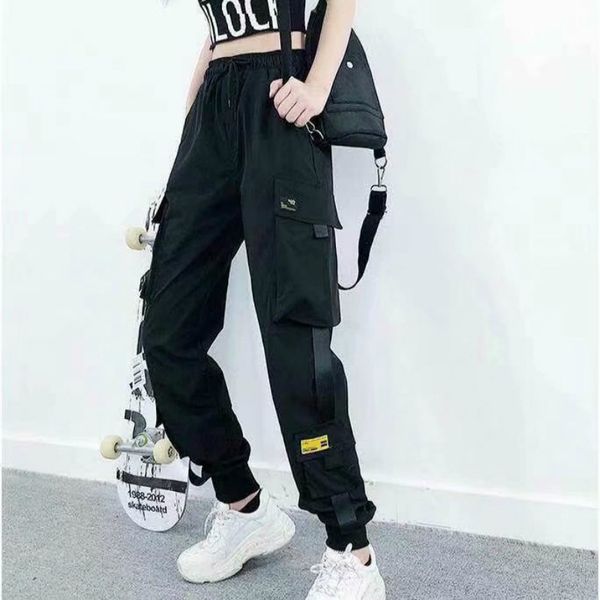 

women fashion streetwear cargo pants black ankle length elastic waist joggers female loose trousers casual plus size haren pants, Black;white