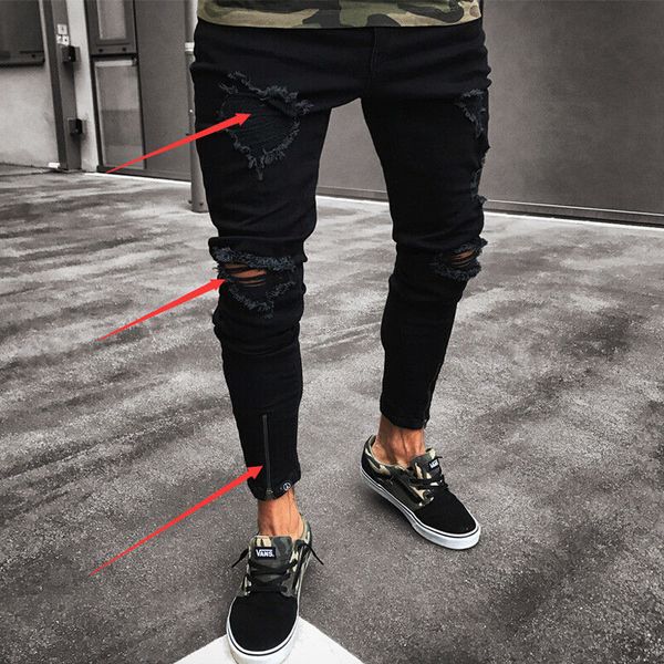 hip hop destroyed frayed slim fit black denim pants mens cool designer zipper ripped skinny jeans, Blue 
hip hop destroyed frayed slim fit black denim pants mens cool designer zipper ripped skinny jeans, Blue