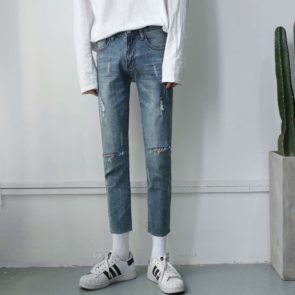 men's jeans 2021 autumn slim solid color ripped small leg pants nine minute relaxed casual youth wear, Blue
men's jeans 2021 autumn slim solid color ripped small leg pants nine minute relaxed casual youth wear, Blue
