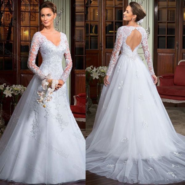 vestido de noiva long sleeve lace wedding dress new design v neckline bridal gown chapel train aq173, White
vestido de noiva long sleeve lace wedding dress new design v neckline bridal gown chapel train aq173, White