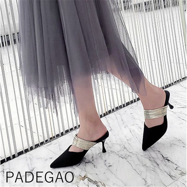 korean style pointed toe womens outside slippers elegant casual flock summer ladies shoes, Black