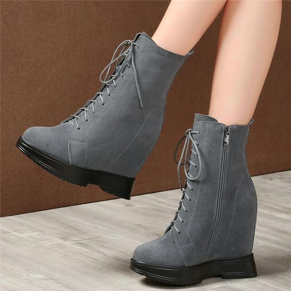 fashion warm sneakers women genuine leather wedges high heel pumps shoes female lace up high round toe platform ankle boots, Black
