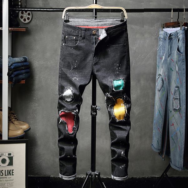 men's jeans cross border denim black patch graffiti elastic autumn and winter pants young students show thin, Blue
men's jeans cross border denim black patch graffiti elastic autumn and winter pants young students show thin, Blue