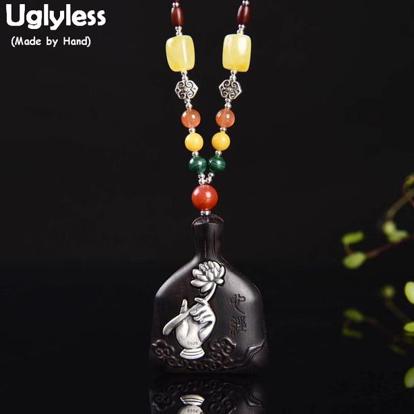 uglyless ethnic wood bag pendants necklaces women 925 silver buddha hand lotus necklaces sandalwood amber chains jewelry c146
