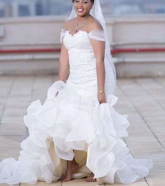 gorgeous off shouler plus size african mermaid wedding dresses lace ruched tiered tulle sweep train bridal gowns custom made, White
gorgeous off shouler plus size african mermaid wedding dresses lace ruched tiered tulle sweep train bridal gowns custom made, White