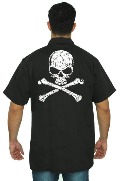 men mechanic work shirt white skull cross bones skeleton head m-xl 2x 3x 4x 5x