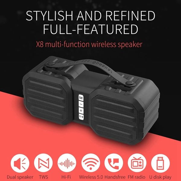 x8 wireless bluetooth speaker portable hifi multi-function soundbox tws stereo sound support tf/u disk/aux in/phone bracket/fm r
x8 wireless bluetooth speaker portable hifi multi-function soundbox tws stereo sound support tf/u disk/aux in/phone bracket/fm r