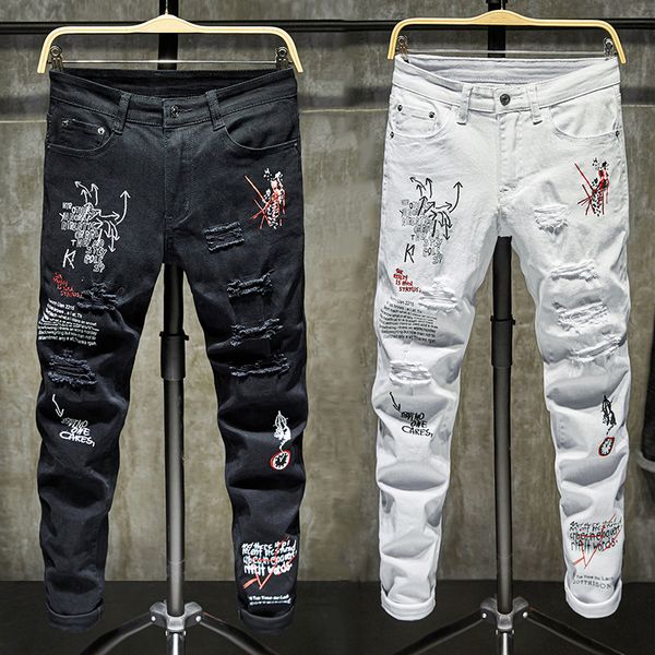 men's jeans high street fashion brand thin ripped men scraped hole white printed black slim fit personality graffiti long denim pants, Blue
men's jeans high street fashion brand thin ripped men scraped hole white printed black slim fit personality graffiti long denim pants, Blue