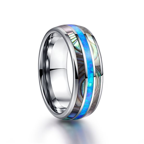 8mm wide dome inlaid with two shells blue opal tungsten ring usa size 5-15, Silver 
8mm wide dome inlaid with two shells blue opal tungsten ring usa size 5-15, Silver