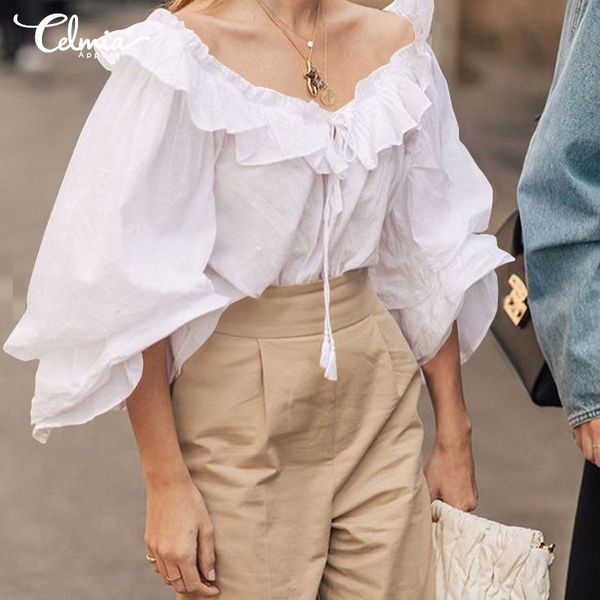 women's blouses & shirts celmia blouse fashion 2021 spring long sleeve bandage ruffles casual loose party blusas femininas plus size, White
women's blouses & shirts celmia blouse fashion 2021 spring long sleeve bandage ruffles casual loose party blusas femininas plus size, White