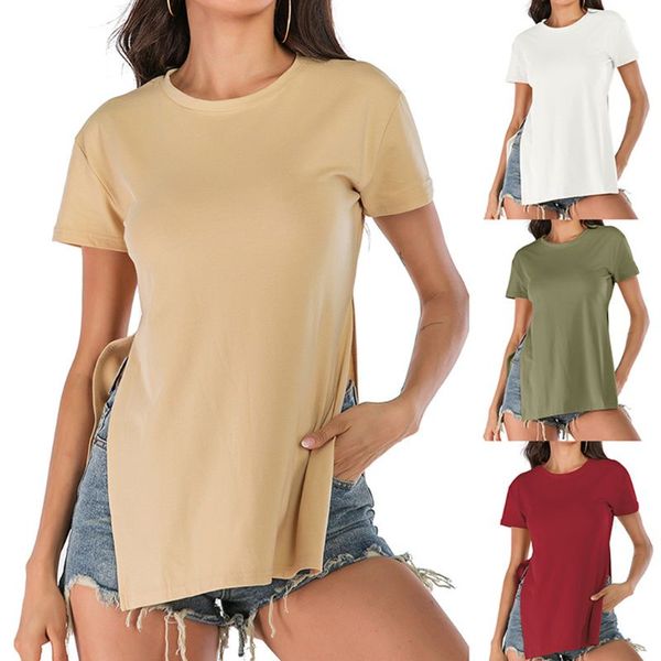 womens short sleeve o-neck t-shirt solid side split loose pullover tunic 517f, White
womens short sleeve o-neck t-shirt solid side split loose pullover tunic 517f, White
