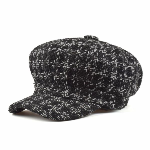 

winter and autumn octagonal cap single worsted woolen cloth grid cap painter newsboy plaid beret for women, Blue;gray