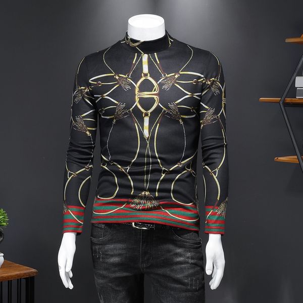 european and american personality printed autumn and winter plus velvet long-sleeved t-shirt men's high-neck cotton plus size bottoming, White;black 
european and american personality printed autumn and winter plus velvet long-sleeved t-shirt men's high-neck cotton plus size bottoming, White;black