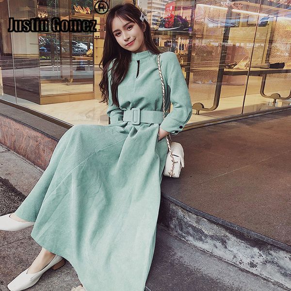 casual dresses european vintage long sleeve spring autumn corduroy dress with sashes ladies 2021 elegant plus size, Black;gray 
casual dresses european vintage long sleeve spring autumn corduroy dress with sashes ladies 2021 elegant plus size, Black;gray