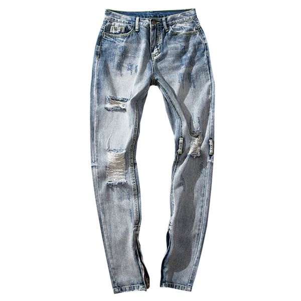 men's jeans knee hole european and american high street fashion brand old wash water light blue slim pants hem zipper
men's jeans knee hole european and american high street fashion brand old wash water light blue slim pants hem zipper