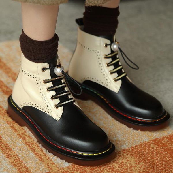 women's genuine leather mix color patchwork lace-up ankle boots round toe elastic beading decoration flat short booties shoes, Black
women's genuine leather mix color patchwork lace-up ankle boots round toe elastic beading decoration flat short booties shoes, Black