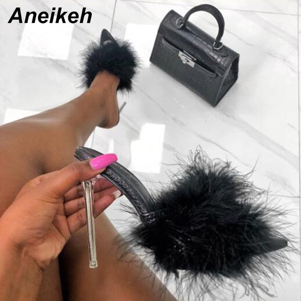 aneikeh new peep toe pvc fluffy mule high heel slippers summer fashion slip on thin heels outside slides women size 35-42, Black
aneikeh new peep toe pvc fluffy mule high heel slippers summer fashion slip on thin heels outside slides women size 35-42, Black