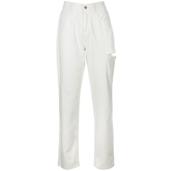 women high waist white baggy jeans side ripped hole loose denim straight pants, Blue