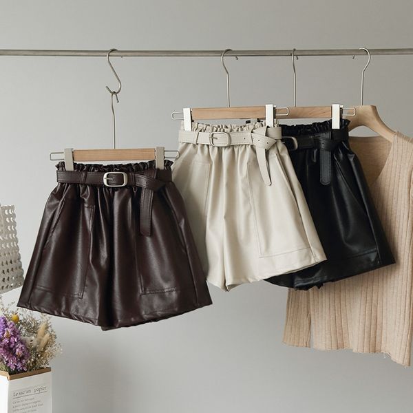 women's shorts vintage pu short pants women 2021 autumn winter streetwear high waist with belt pockets solid wide leg, White;black
women's shorts vintage pu short pants women 2021 autumn winter streetwear high waist with belt pockets solid wide leg, White;black