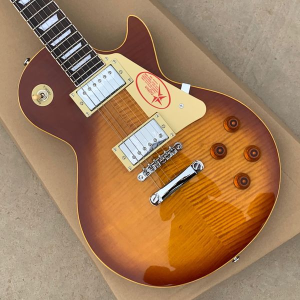 custom shop 1959 flame maple tobacco sunburst electric guitar cream body binding, tuilp tuners, china chibson music instrument, star pickgua
custom shop 1959 flame maple tobacco sunburst electric guitar cream body binding, tuilp tuners, china chibson music instrument, star pickgua
