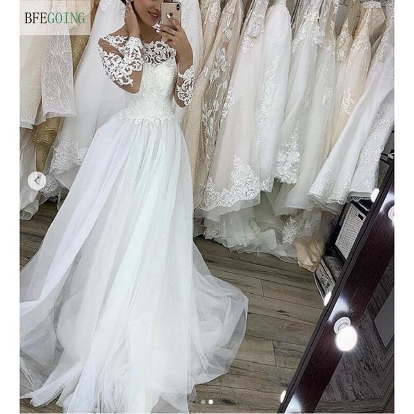 white lace tulle long sleeves floor-length a-line tulle/netting wedding dress chapel train bridal gown custom made custom size, Blue;red
white lace tulle long sleeves floor-length a-line tulle/netting wedding dress chapel train bridal gown custom made custom size, Blue;red