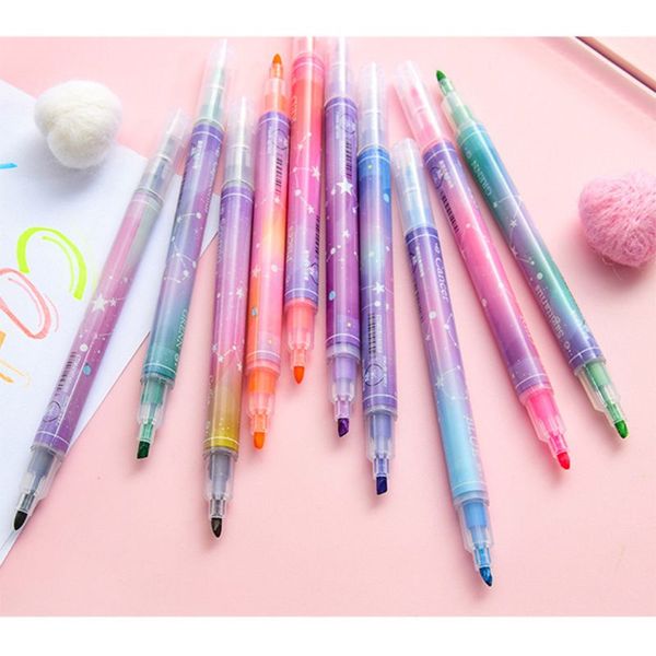12pcs Double Headed Highlighter Pens Stationery Kawaii Starry Fluorescent Maker Wxta
