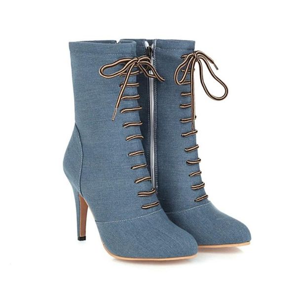 us4-13 womens denim jeans lace up ankle boots punk motorcycle pointy toe warm winter thick shoes side zip plus size 3colors, Black
us4-13 womens denim jeans lace up ankle boots punk motorcycle pointy toe warm winter thick shoes side zip plus size 3colors, Black