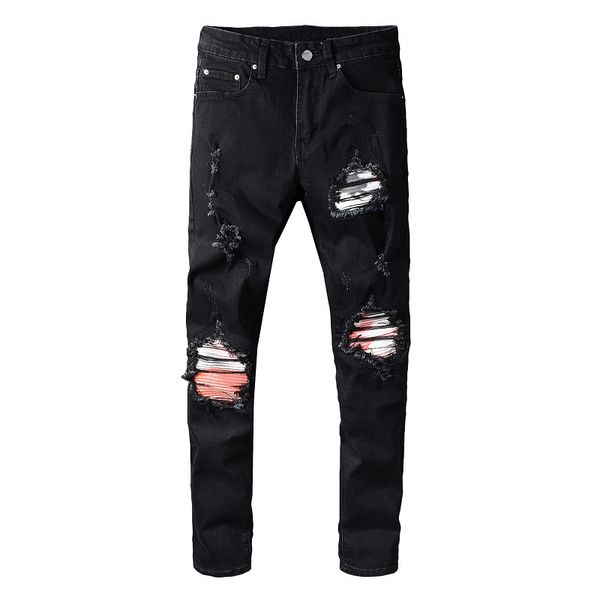 men's black patchwork pleated biker jeans streetwear holes ripped slim skinny stretch denim pants, Blue
men's black patchwork pleated biker jeans streetwear holes ripped slim skinny stretch denim pants, Blue