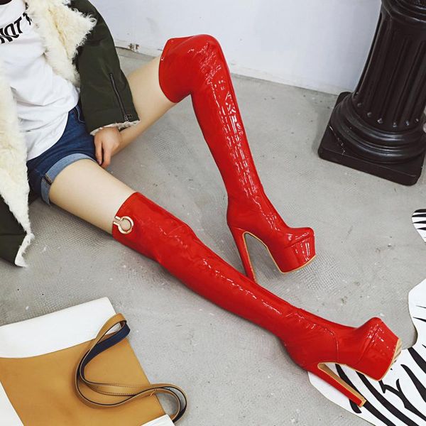 women over-the-knee boots patent leather super high heels european and american women winter boots hollow metal decoration, Black
women over-the-knee boots patent leather super high heels european and american women winter boots hollow metal decoration, Black