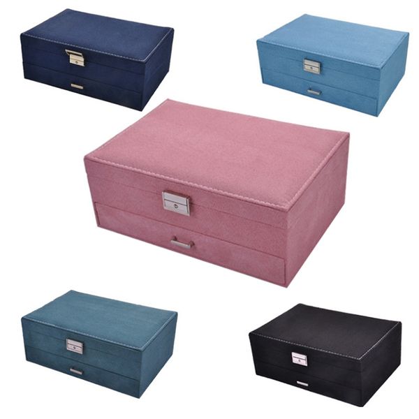 fashion velvet jewelry box multi-layer earring storage box 2 layer jewelry storage high-end suitcase, Pink;blue