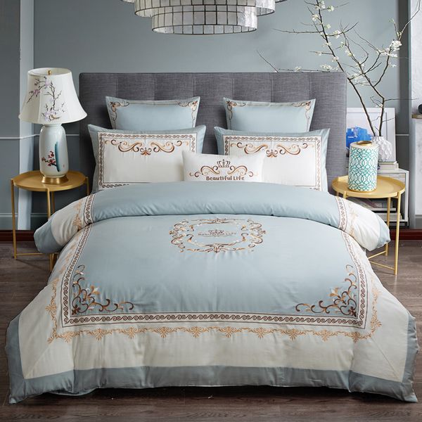 luxury egyptian cotton chic crown embroidery duvet cover set blue white patchwork king size bedding set bed sheet
luxury egyptian cotton chic crown embroidery duvet cover set blue white patchwork king size bedding set bed sheet