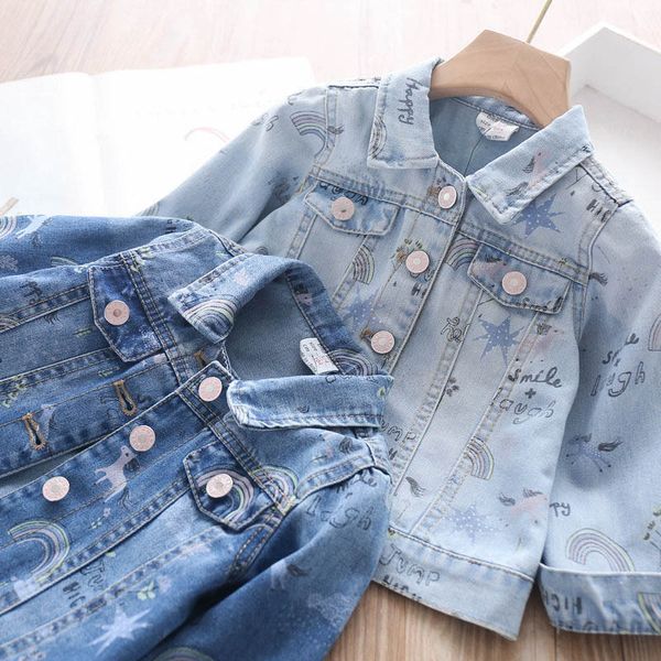 2020 autumn girls printed lapel jeans coat children's clothing wholesale, Blue;gray